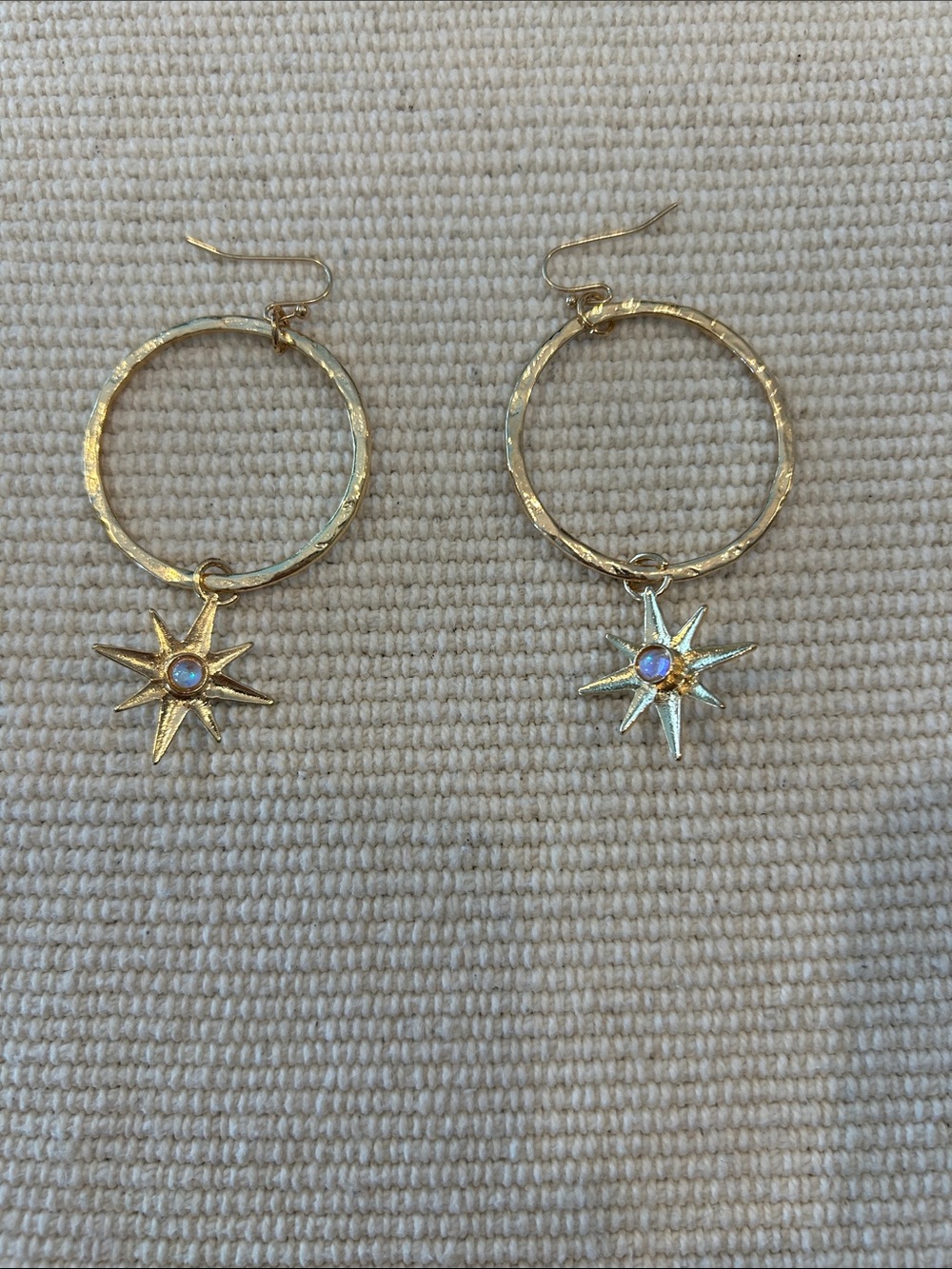 Gold Starburst Hoop Drop Earrings with Opalescent Center